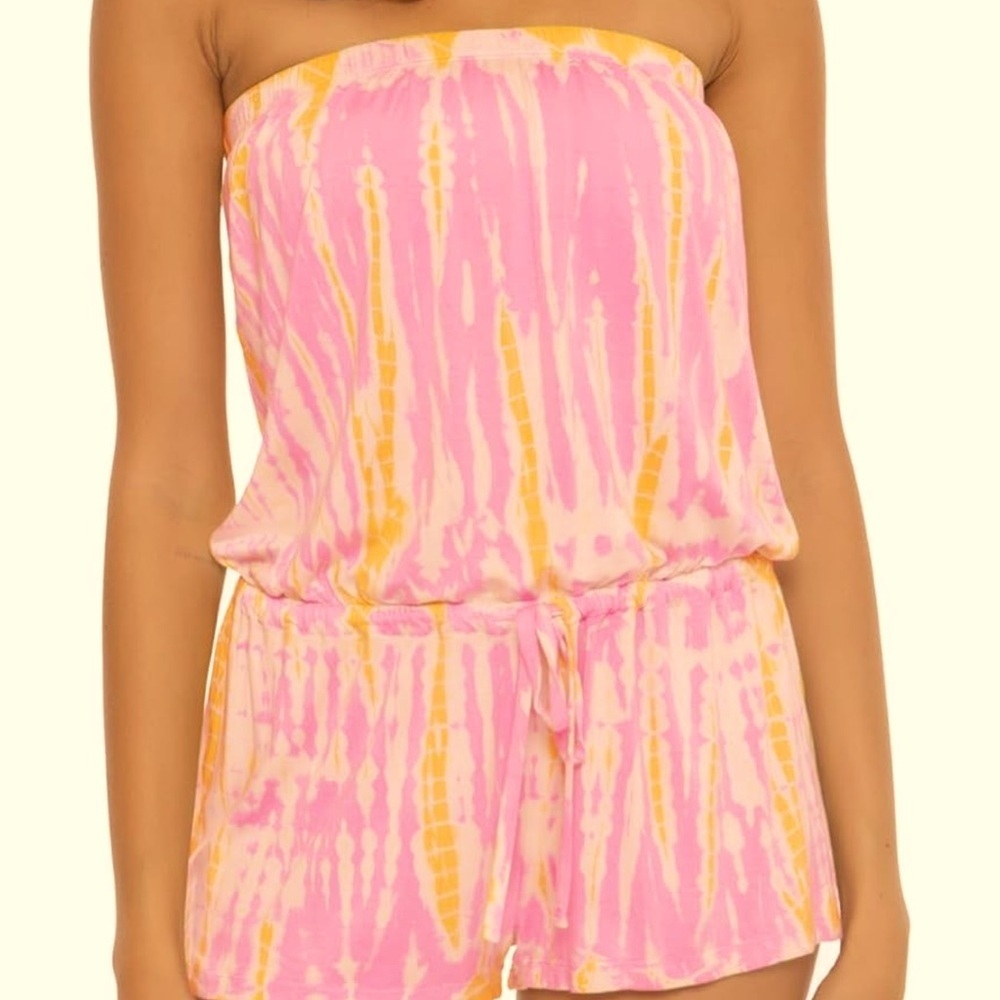 SOLUNA | NWT Swim cover up tie dye pink orange romper SZ small